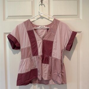 Madewell Pink Patchwork V-Neck Short Sleeve Top